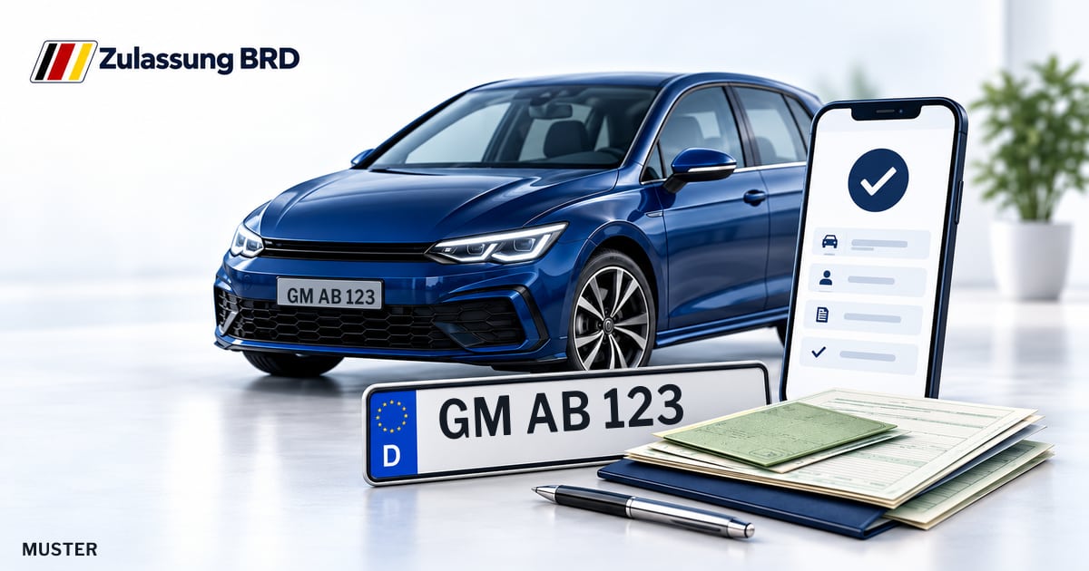 Online Fahrzeugzulassung in Gummersbach: Musterkennzeichen GM AB 123, Auto und Fahrzeugpapiere und Smartphone. Illustration mit Logo von Zulassung BRD.